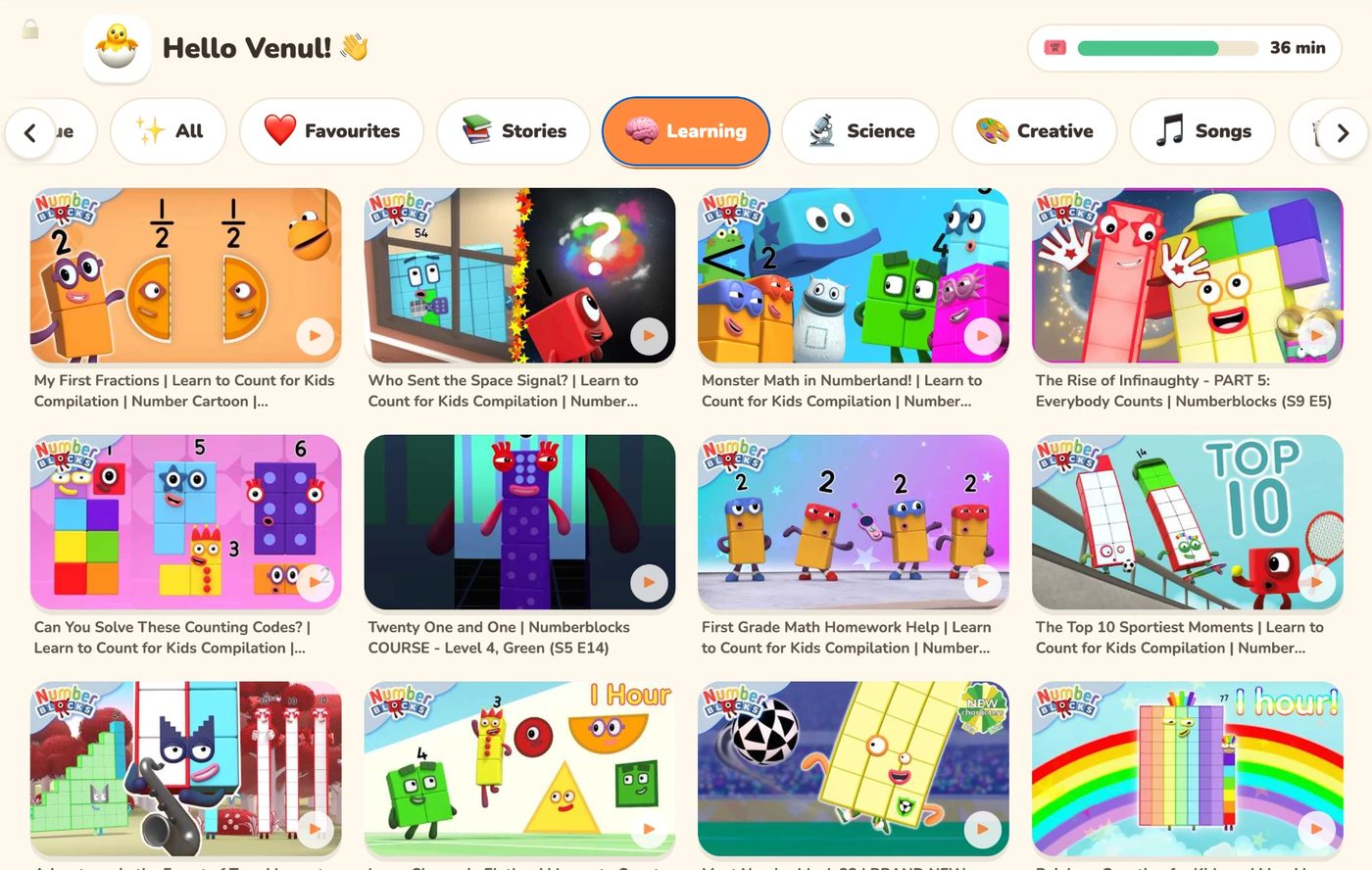 The real BattoTV kids' screen: Hello Venul!, the Learning button chosen among All, Stories, Science, Creative and Songs, with big pictures of Numberblocks videos.