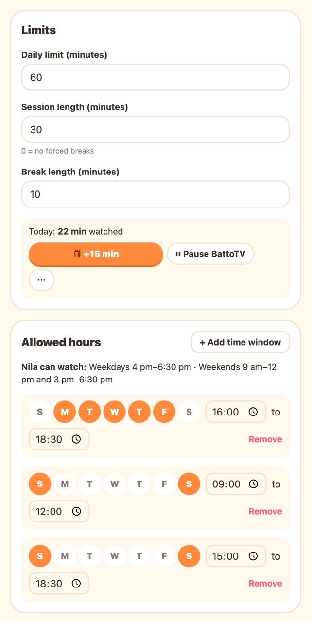 A kid's limits: 60 minutes a day, a 10-minute break every 30 minutes, and allowed hours on weekdays and weekends.