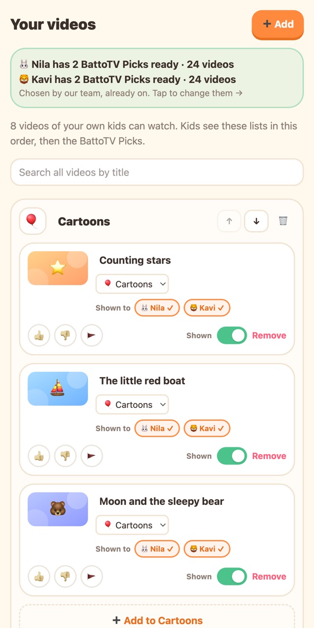 The parent's Your videos page: each kid has BattoTV Picks ready, and the family's own lists of videos.
