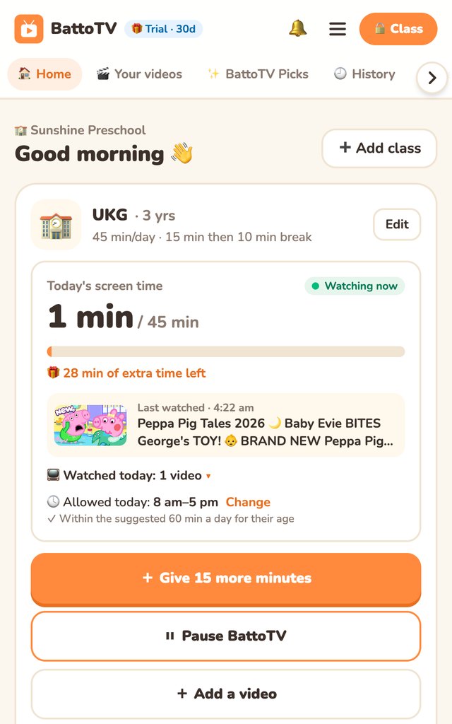 The school's Home: Sunshine Preschool, the UKG class watching now, 1 of 45 minutes used, school hours 8 am to 5 pm, and big Give 15 more minutes, Pause BattoTV and Add a video buttons.